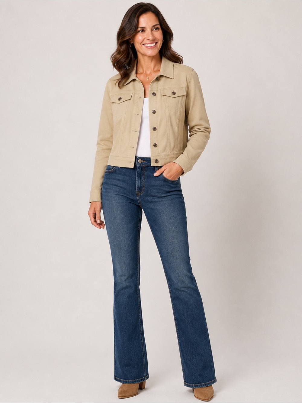 Vtg 90s RAFAELLA Sz 8 Khaki Beige Cotton Corduroy Peplum Trucker Jacket Stretch